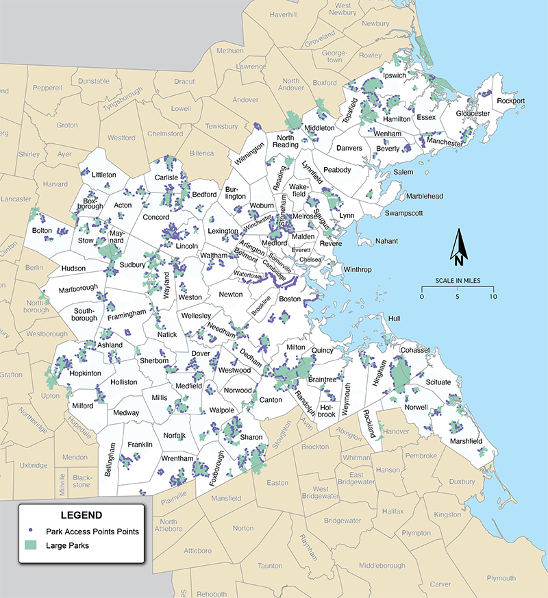 Figure 32 is a map that shows the locations of large parks in the Boston region.